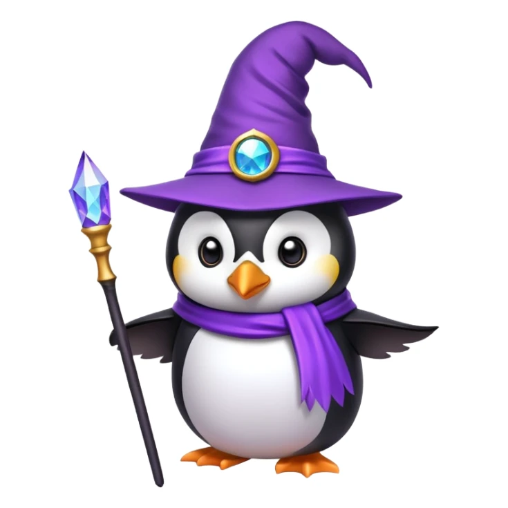 Penguin wearing a purple wizard hat and holding a magic wand sticker