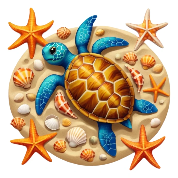 turtle, starfish, and shells together on sandy beach, top-down view, apple emoji style, alternate version sticker