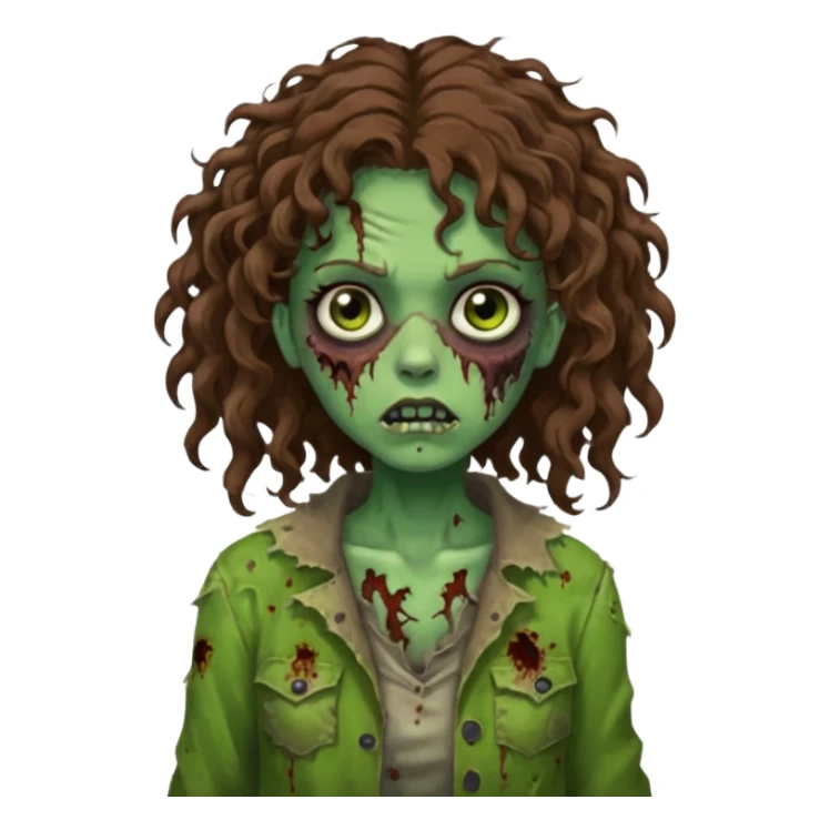 Faça uma garota zombie de cabelo cacheado castanho, olhos castanhos escuro e pele verde d zombie, com o cabelo abaixo do ombro sticker