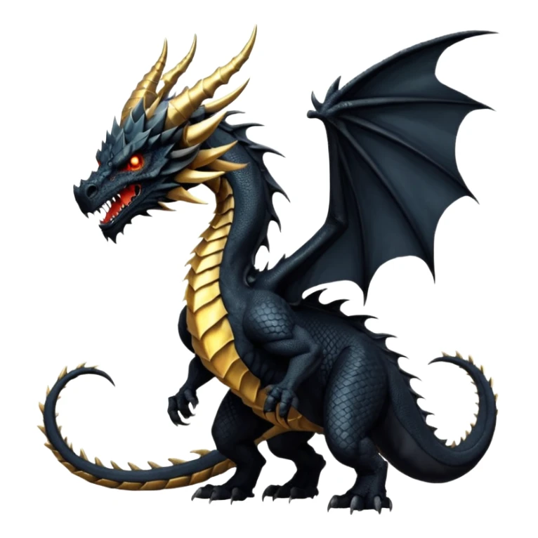 Massive ancient black dragon with obsidian scales, scarred powerful wings, glowing gold eyes, long curved horns, spiked neck ridges, and a brutal morningstar tail. Intimidating, muscular, regal presence. sticker