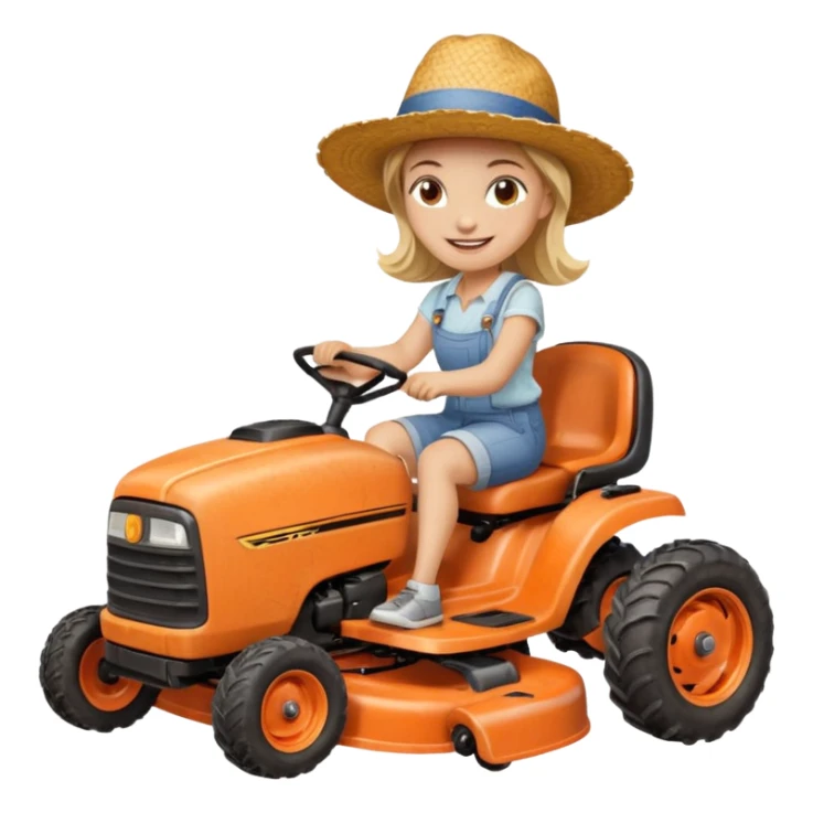 White woman without glasses wearing a straw hat, on old orange ride on lawn mower.  sticker