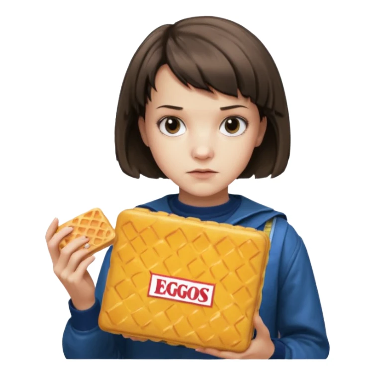 Eleven from Stranger Things, short hair, intense expression, 80s style outfit, holding a box of Eggo waffles sticker