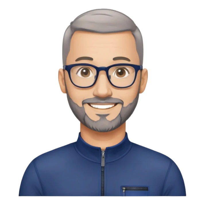 40-year-old light-skinned man with almost buzzcut haircut, short gray beard, large black-framed glasses, smiling face, wearing a navy blue zip-neck long sleeve athletic shirt sticker