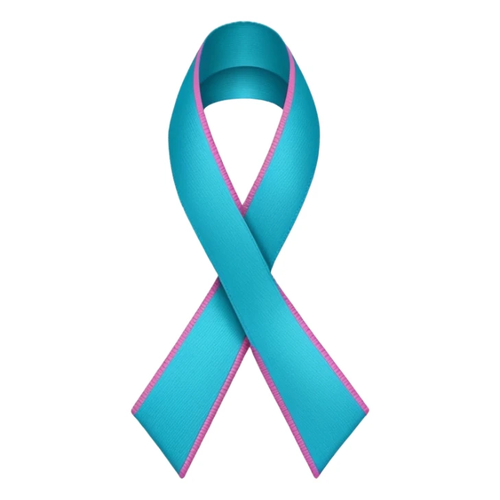 Thyroid cancer ribbon which has a blue strand, a pink strand and teal at the top where the ribbon crossed over sticker