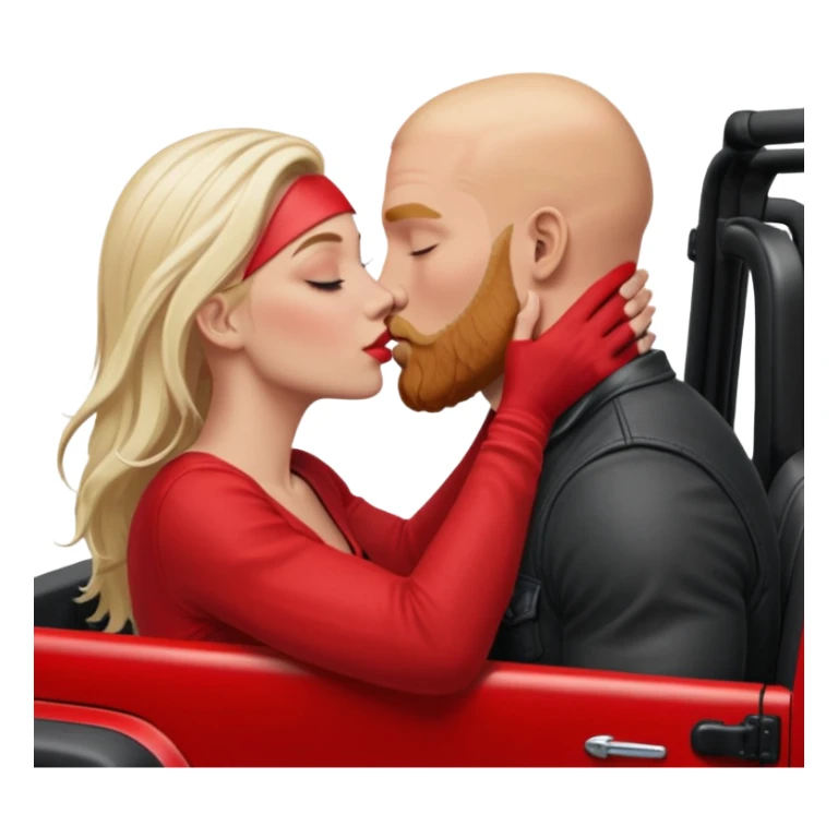 intimate moment between lovers, JetSetFly , photo Realistic Couple, white blond women with long  balayage hair & kissing bald white muscular man with ginger Beard  in a red Jeep Wrangler  sticker