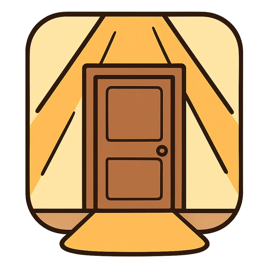 icon for '입구 위치가 눈에 잘 띄었어요' with a door with spotlight or rays drawing attention to it, showing very visible entrance, clean minimal style sticker