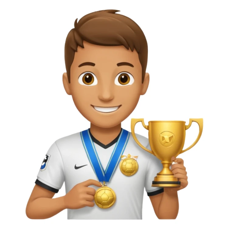 happy soccer player with a first-place medal and a trophy sticker