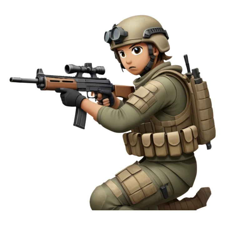A skilled airsoft player in tactical gear, aiming a gun and shooting metal BBs in a desolate, ruined landscape. The setting is filled with broken walls and debris, creating a tense atmosphere of strategy and precision in a high-stakes tactical environment sticker