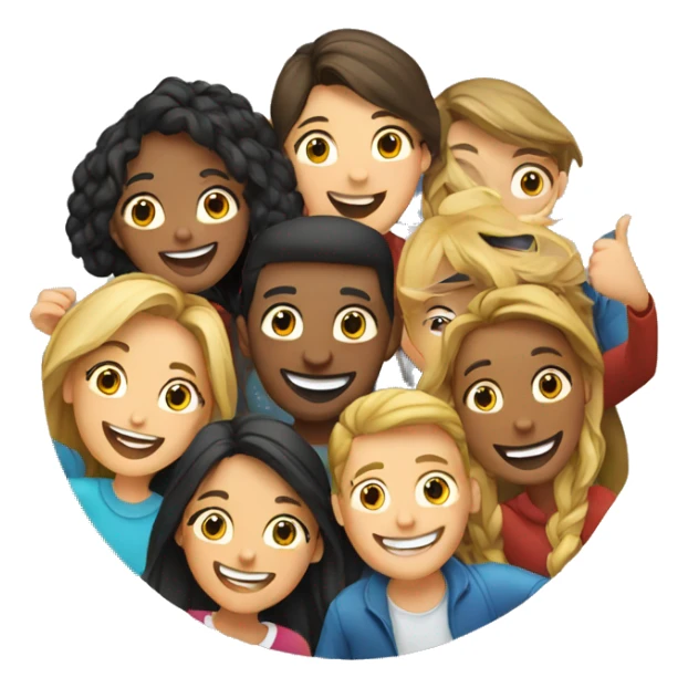 Group of happy people taking selfie. In a circle shape sticker