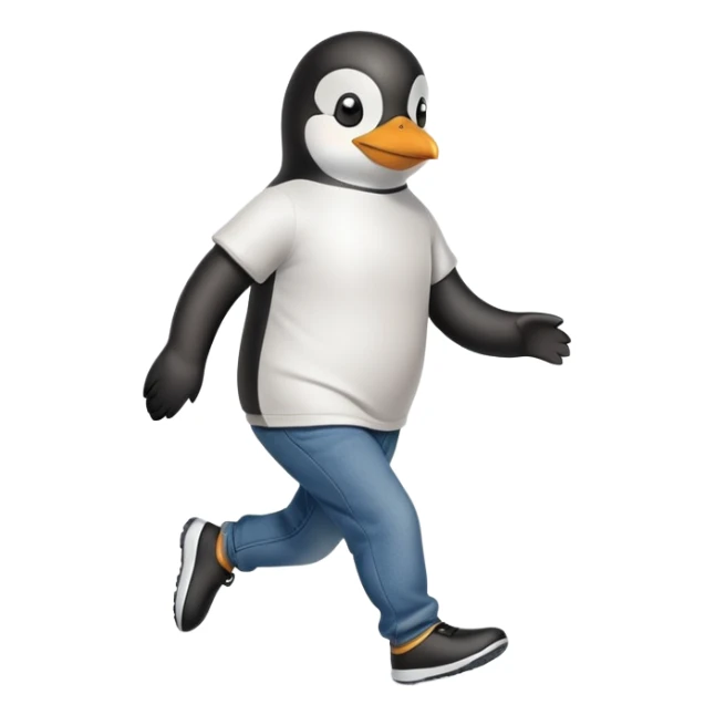 friendly anthropomorphised penguin in jeans and a t-shirt jogging upright relaxed pose no sunglasses sticker