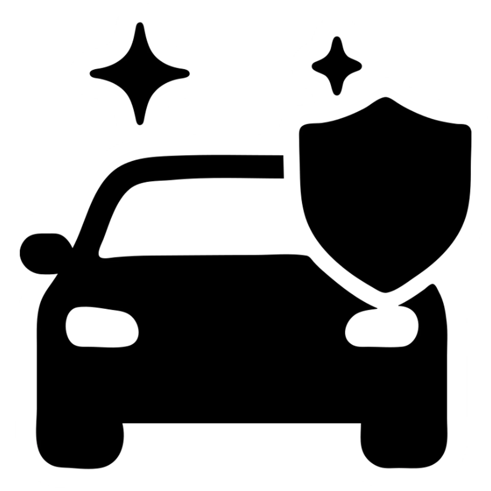 solid filled icon of a car with a shield and sparkles, representing Exterior Ceramic Coating sticker