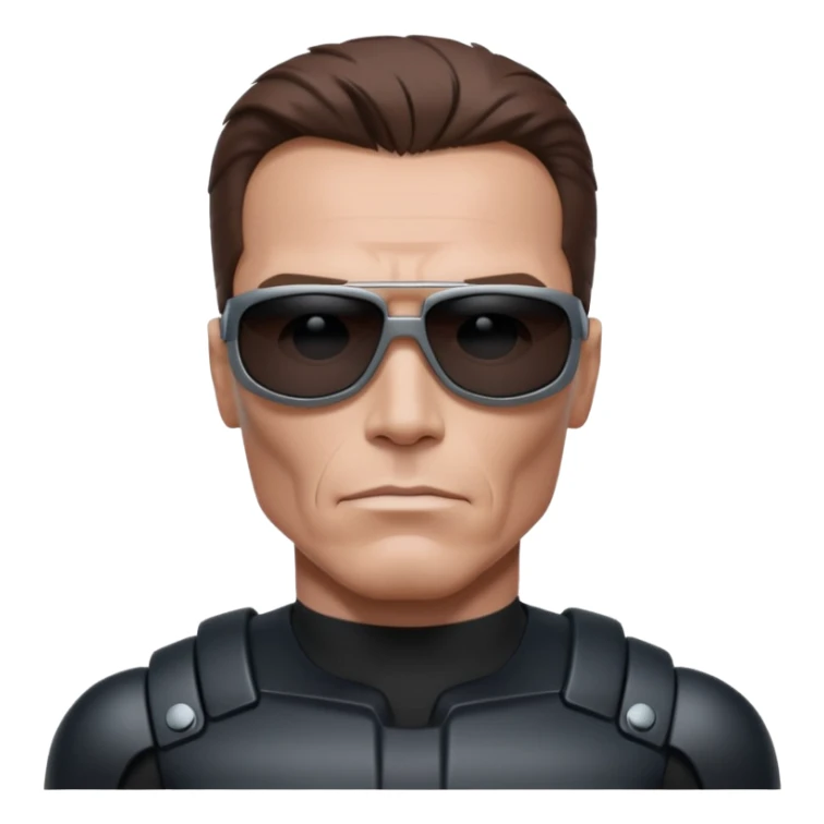 Schwarzenegger-like Terminator, upper body only, wearing his iconic clothes in black (all clothes must be black), looking more human with minimal robotic details, and wearing dark sunglasses, view from the side sticker