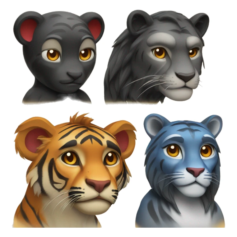 Create an emoji set of four main characters: a monkey, a tiger, a cat and a lioness. The main color is black, and the detail colors are: red for the tiger, blue for the cat, gold for the lioness, orange for the monkey sticker