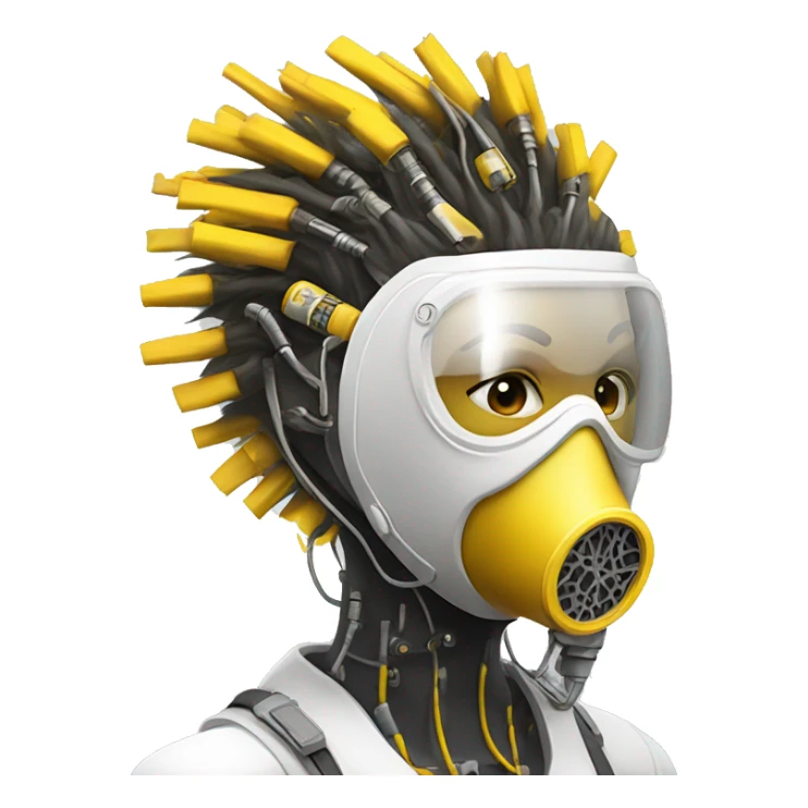 Dark yellow Mohawk female cyborg head with white respirator mask and circuits sticker