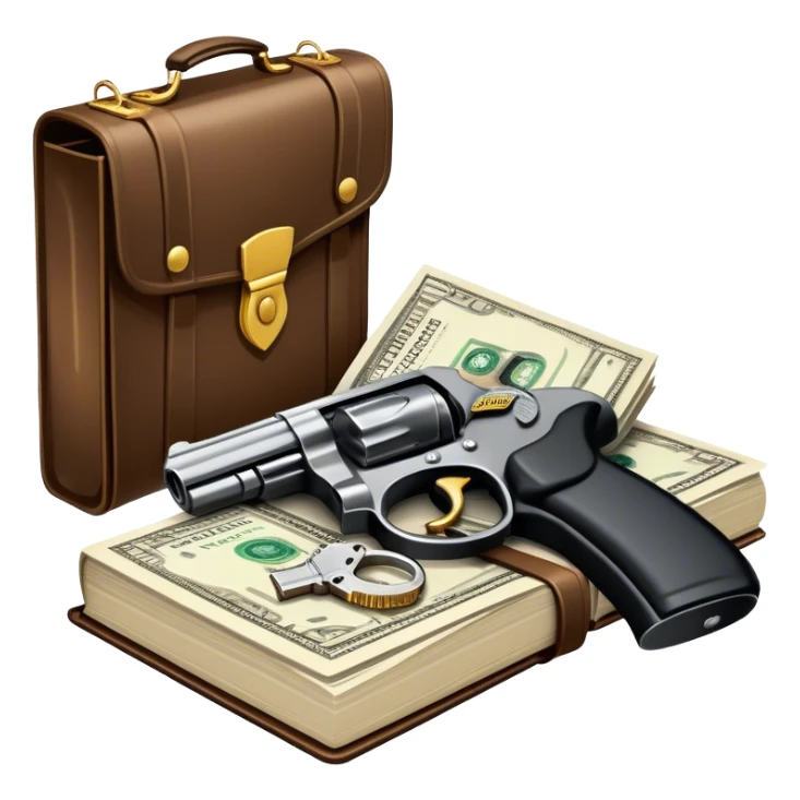 Icon for Action & Crime Reading: open book with text and picture, with a silhouette of a gun, a bag of money, and a police badge on the pages. Surrounding elements include a pair of handcuffs, a briefcase, and scattered bullet casings. Transparent background. sticker