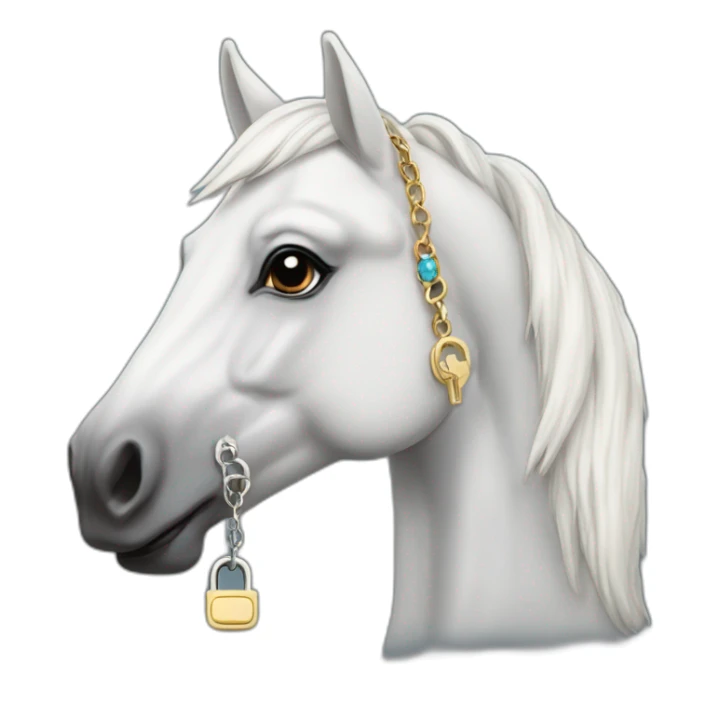 White stallion mustang wearing a key around the neck only necklace no mouth strap showing neck sticker