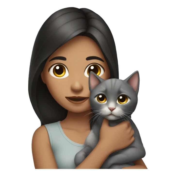 A dark-haired girl is holding a gray kitten sticker