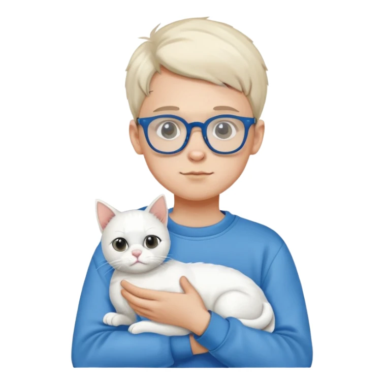 A boy wearing a sweatshirt and glasses holding a white cat sticker