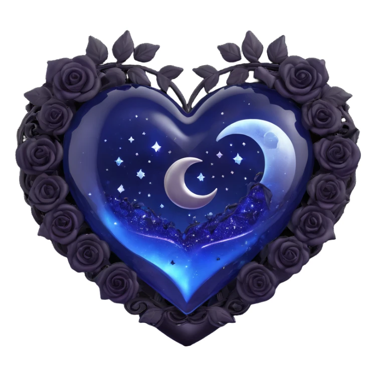 3D emoji gothic heart, midnight blue glass, silver crescent moon, tiny black roses, shimmering stardust, swirling galaxy background sticker