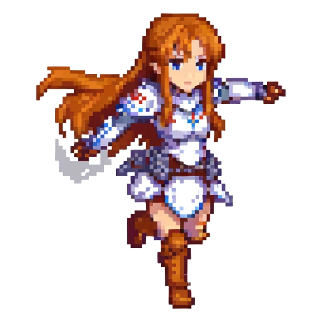 Sticker of Asuna from Sword Art Online in pixel art style, combat pose, transparent background, inspired by the reference image. sticker