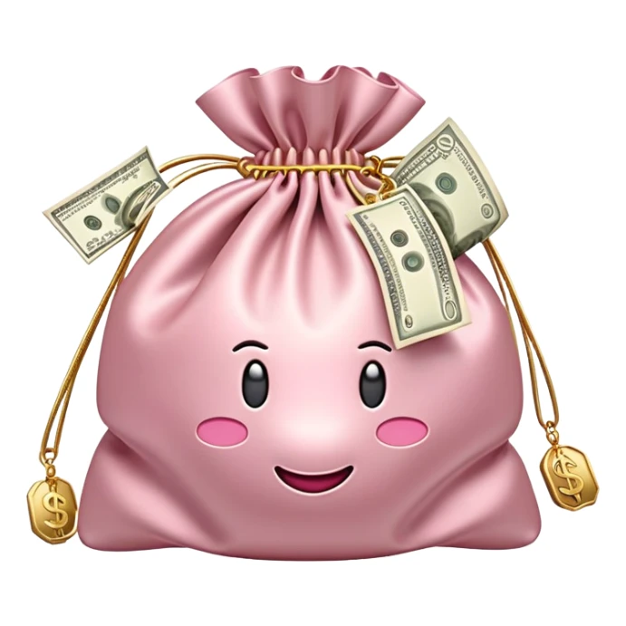 Soft pink satin money bag overflowing with cash, subtle luxury, no logos, 3D emoji style. sticker