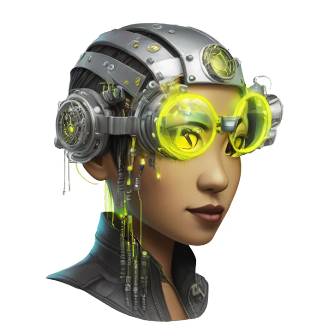 Neon yellow bobbed hair Asian female cyborg head with silver steampunk goggles and circuits sticker
