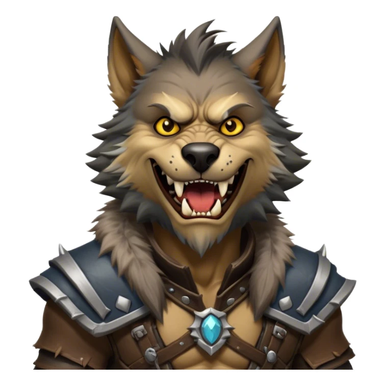 Cinematic Realistic WoW Worgen Portrait, head tilted dramatically with an exaggeratedly amused expression, blending ferocious beastliness with a touch of unexpected humor. His rugged fur, tanned skin, and worn leather garments are rendered with meticulous detail and dynamic lighting, high shine, dramatic yet whimsical, capturing the essence of a worgen whose epic might is tempered by a playful, irreverent charm. sticker