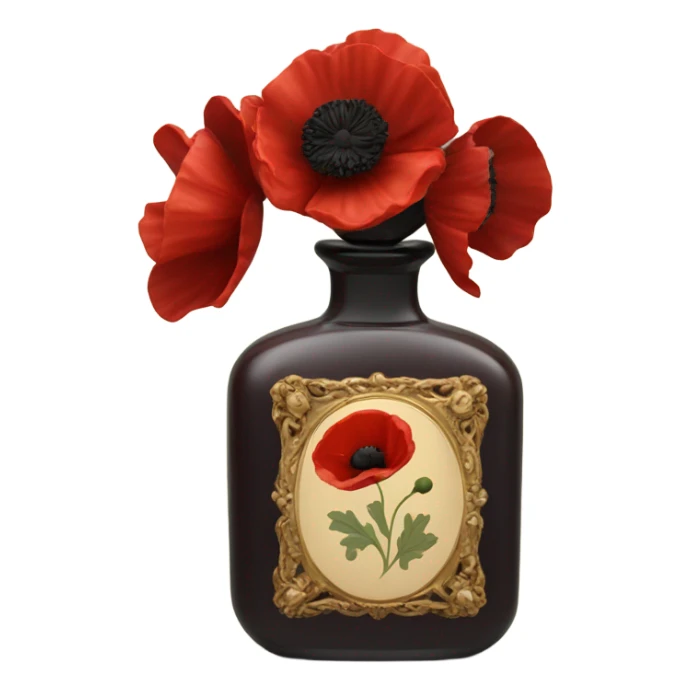 Dark red vintage French style perfume bottle with red poppies
 sticker