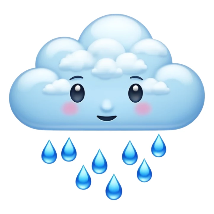 Emoji-style clouds with falling blue raindrops, no faces. Glossy 3D look, transparent background, vibrant colors. sticker