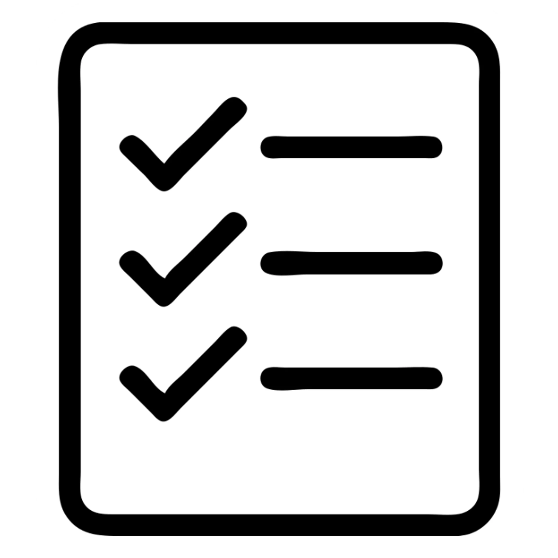 minimalistic bold black-and-white icon of a bold rectangle with three checkmarks and horizontal lines, clean geometric lines, inspired by Netflix UI, square, flat, no gradients, vector style, suitable for dark and light mode sticker