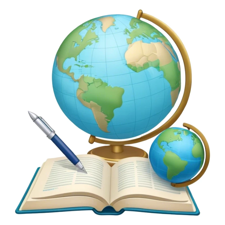 Create an emoji representing language translation. The design should feature a single globe in the background, symbolizing international communication. In front of the globe, place two opened books, with texts in it and a pen nearby to indicate the act of writing and vocabulary. Use a clean and professional color palette with blues, greens, and neutral tones. Do not include any emojis or smiley faces. Make the background transparent sticker