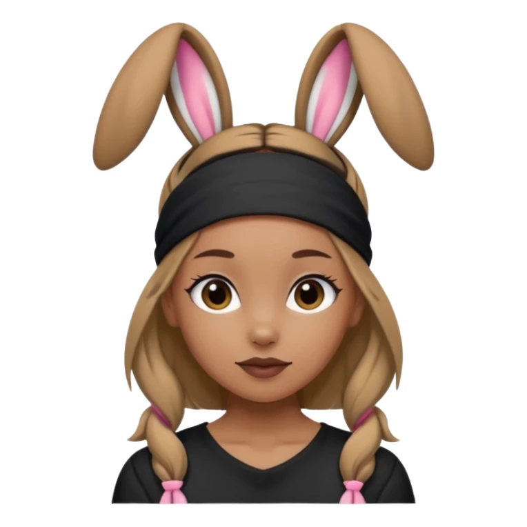 "A tan-skinned person with a high brown ponytail wearing a headband with black bunny ears. The character is dressed in a stylish black outfit. The emoji style should be cute, expressive, and modern — simple but detailed enough to show the ponytail, bunny ears, and outfit clearly." sticker