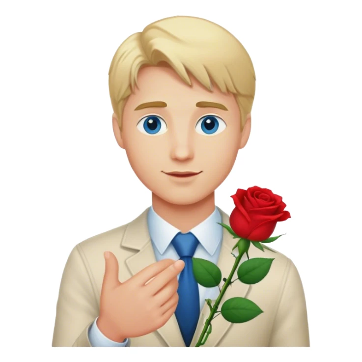 Blonde haired blue eyed man giving out a rose sticker