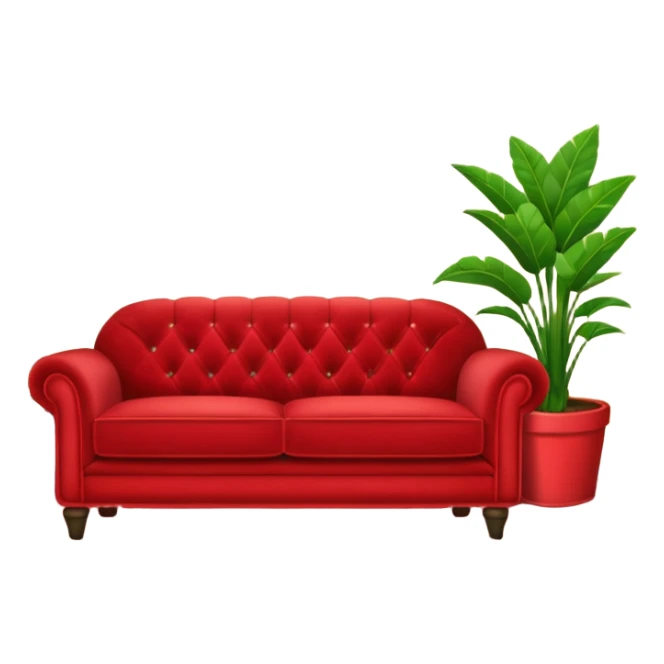red velvet couch with a mic, houseplants, and karaoke sign sticker