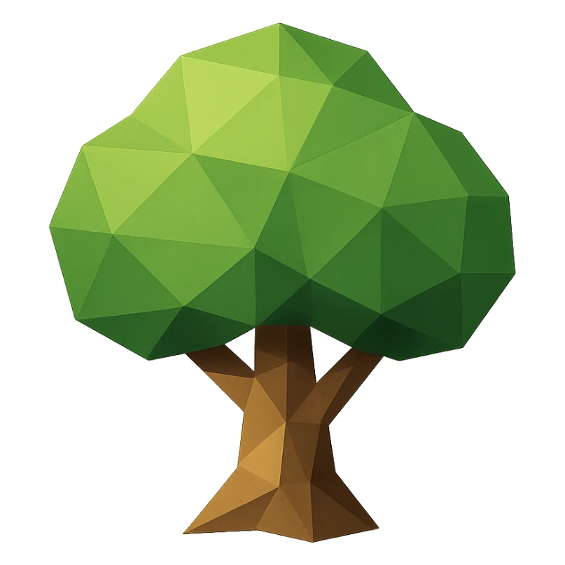 Add green color to the tree icon using stylized geometric shapes. The canopy should be green and the trunk brown. The icon should be easy to read at a small scale with a geometric and stylized look. sticker