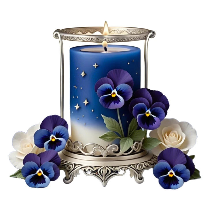 A dreamy celestial composition showcasing deep blue pansies with velvety petals, arranged around an intricately carved pearl-colored candle. The silver crescent moon in the background radiates a soft, celestial glow, illuminating swirling clouds with a hint of stardust. Floating lanterns drift gently through the night sky, casting warm, golden light. The scene is framed by delicate silver filigree patterns, giving it an elegant, almost magical feel. sticker