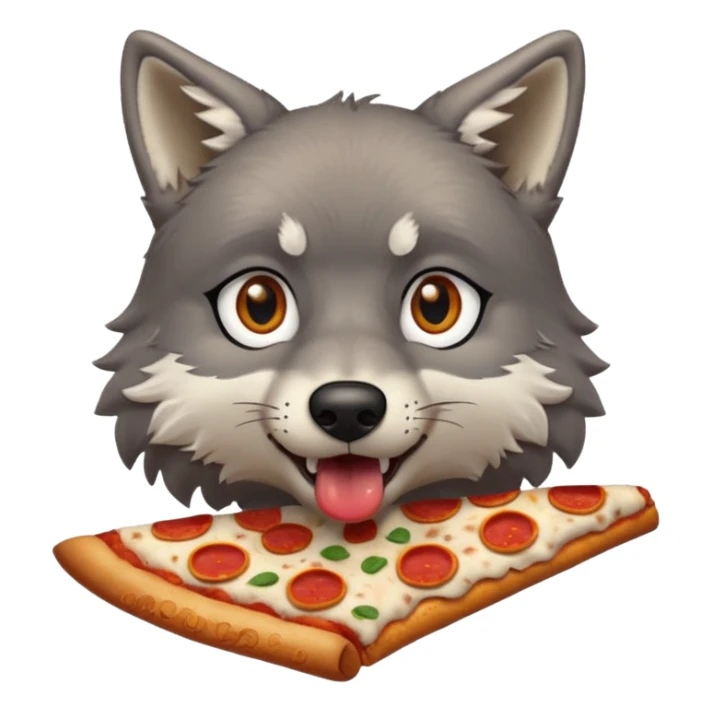 a surprised grey wolf eating a piece of pizza emoji sticker