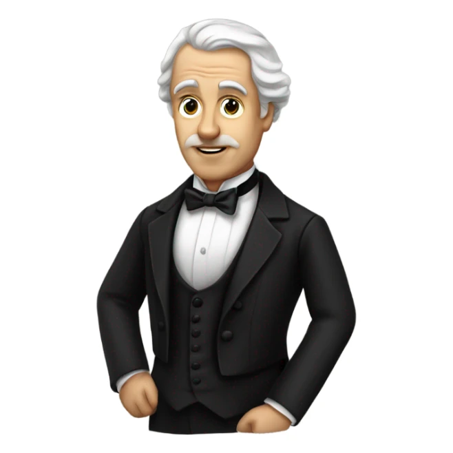 19th century white writer in a black tuxedo with a bow tie sticker