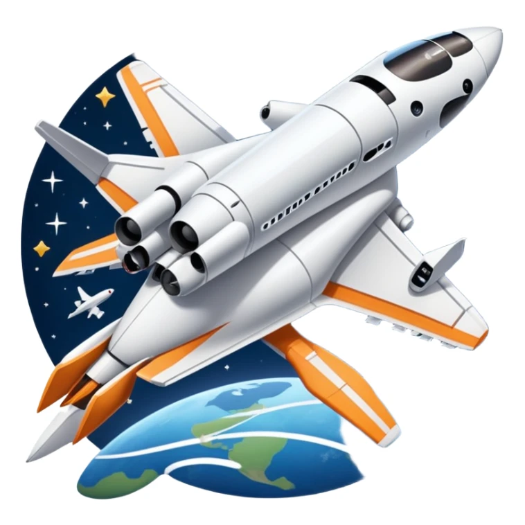 An icon featuring a space shuttle, a drone, and an airplane against a starry sky, symbolizing aerospace technology. The design includes rocket boosters and satellite orbits, representing the exploration of space and advanced aviation. Transparent background sticker
