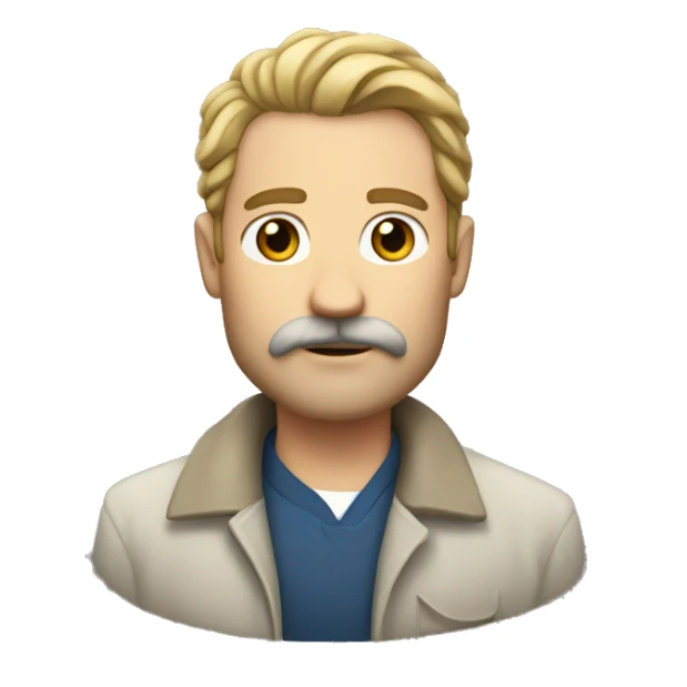 White man, straight hair with a small crest, mustache, and sparse beard sticker