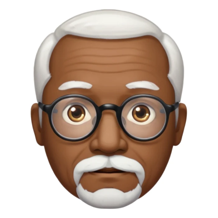 an elderly man with medium-dark skin tone, bald on top with short white hair at the sides, thick white eyebrows, large brown eyes, and wears black-framed glasses.
A small white beard sticker