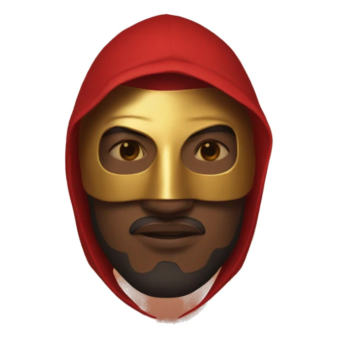 Man with red hooded robe and golden mask sticker