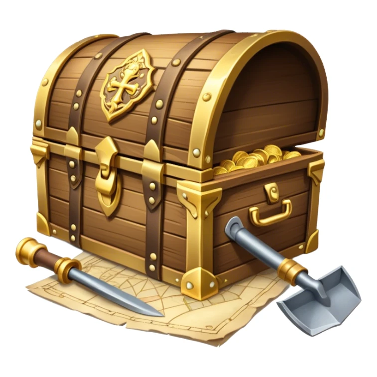 An icon showcasing a treasure chest filled with gold, a treasure map rolled up beside it, a backpack and shovel. The design captures the essence of treasure hunting, exploration, and excitement, set on a transparent background to emphasize the thrill of discovery. sticker