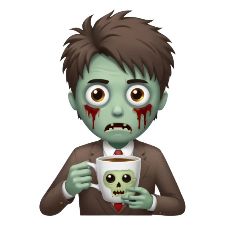 A cute but exhausted office worker character looking like a zombie, holding a giant cup of coffee, dark circles under eyes, messy hair, flat 2D vector art, white background, "Monday Vibes" text. sticker