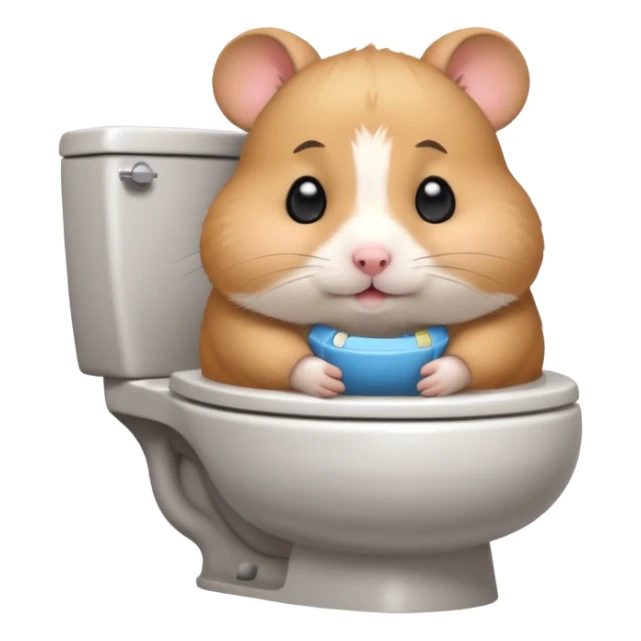 Cute chubby cartoon-style hamster sitting on toilet, sticker-style illustration sticker