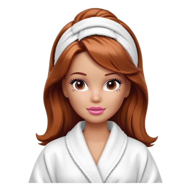 A Barbie face with shoulder-length reddish-brown hair, makeup, a smeared face mask, and a bathrobe. sticker