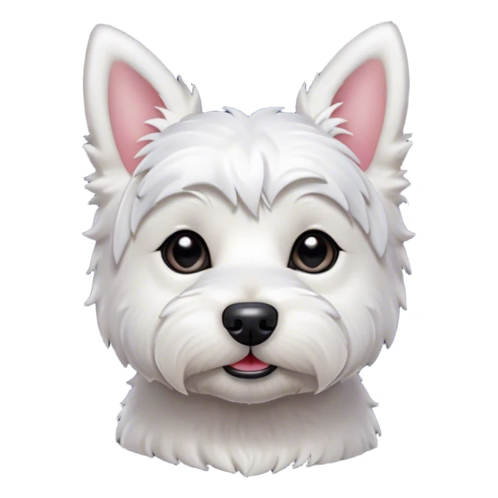 Cinematic Cute West Highland White Terrier Portrait Emoji, Head tilted playfully and inquisitively, featuring a fluffy, immaculate white coat with perky ears, round, sparkling dark eyes filled with curiosity, Simplified yet irresistibly adorable features, highly detailed, glowing with a warm, friendly glow, high shine, affectionate and lively, stylized with a touch of whimsy, bright and endearing, soft glowing outline, capturing the essence of a mischievous yet loving pup, so playful it feels like it could bound out of the screen and into your arms! sticker