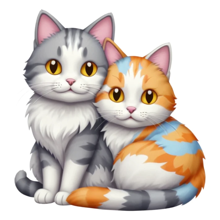 big grey and white cat cuddling a colourful light patched calico + white tabby cat sticker