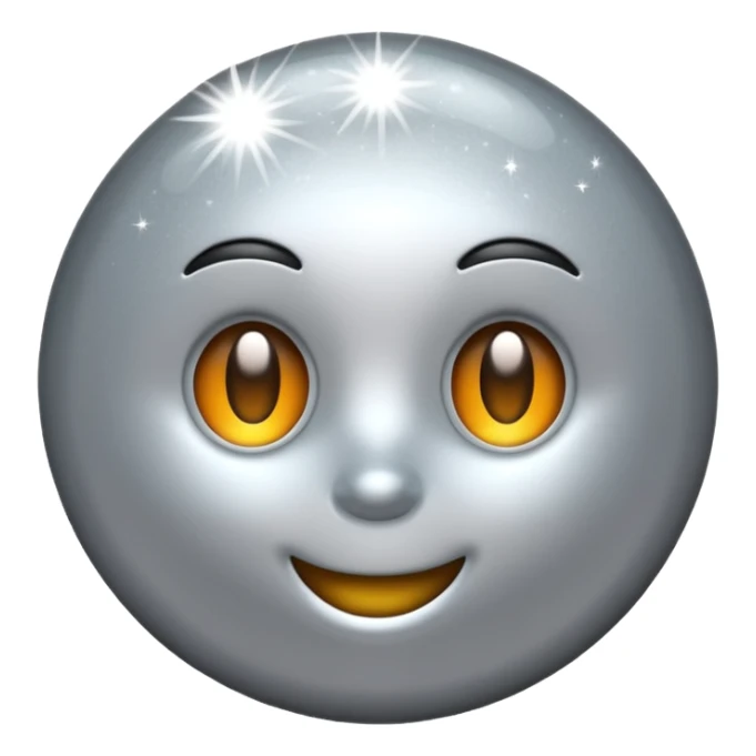 Silver chrome sparkle emoji, iOS emoji style, minimal shape, glossy metallic shine, clean background, smooth lighting sticker