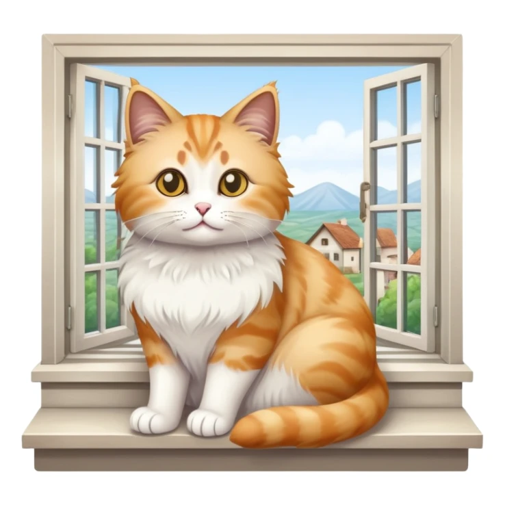 fluffy sprat-colored cat sits on the windowsill in a village house sticker